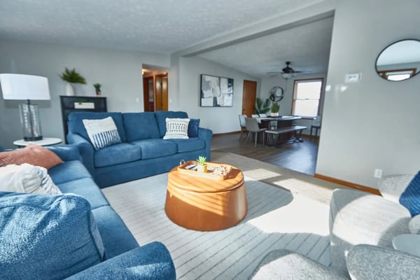 Bright living room with blue sofas, cream armchairs, round terracotta ottoman, and large windows with wooden frames